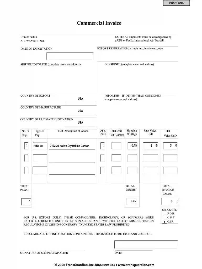 Us commercial invoice fillable form Preview on Page 1