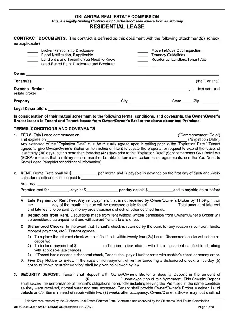 oklahoma rental contract 2012 form Preview on Page 1