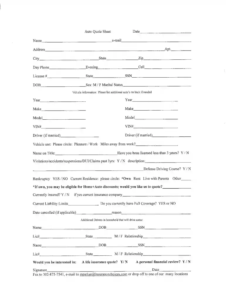 auto quote sheet template Preview on Page 1