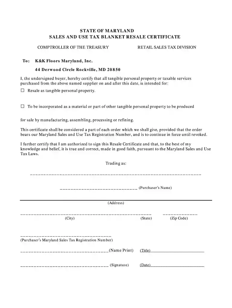 maryland resale certificate form Preview on Page 1