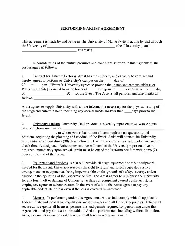 artist booking contract template Preview on Page 1