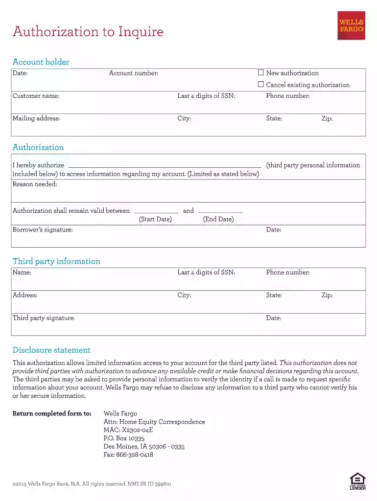 wells fargo ach authorization form Preview on Page 1