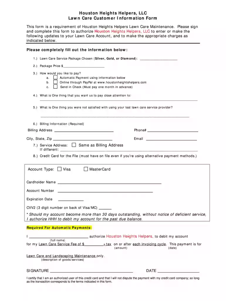 lawn care customer information sheet Preview on Page 1