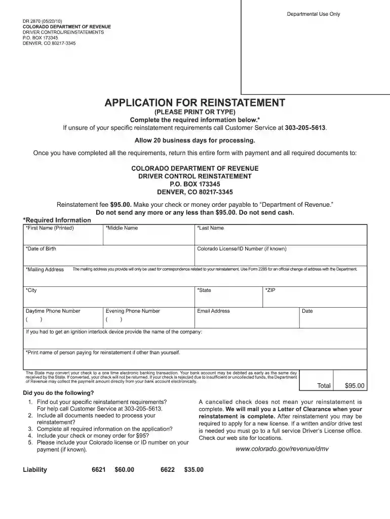 dr 2870 application for reinstatement Preview on Page 1
