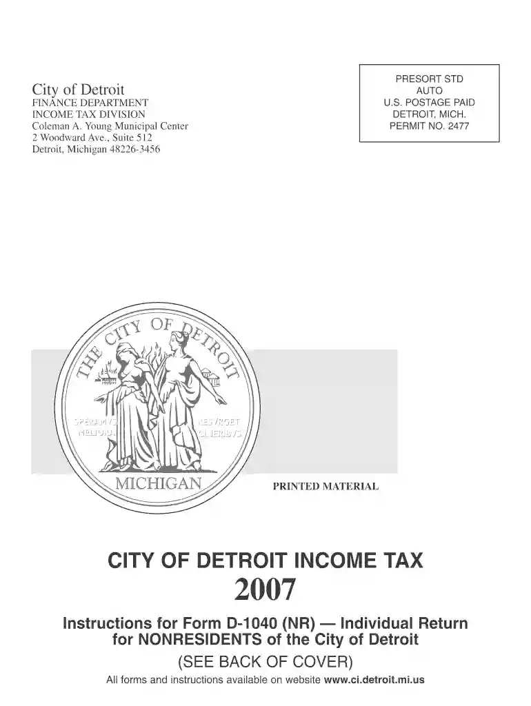 city of detroit income tax form d 1040 nr 2007 Preview on Page 1