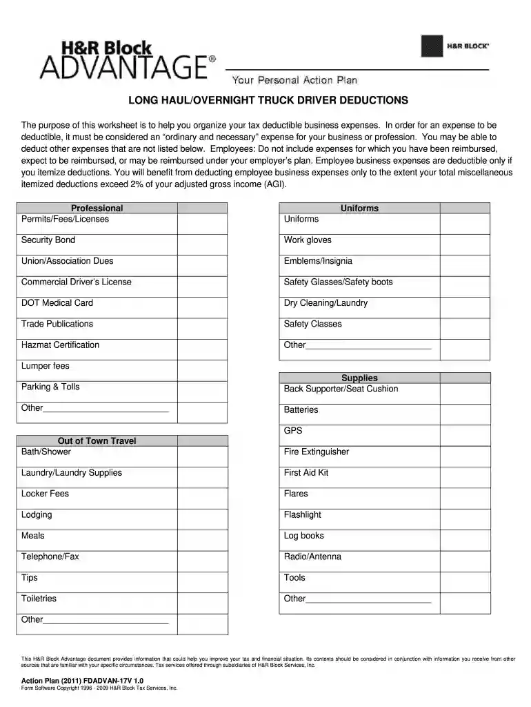 truck driver tax deductions worksheet Preview on Page 1
