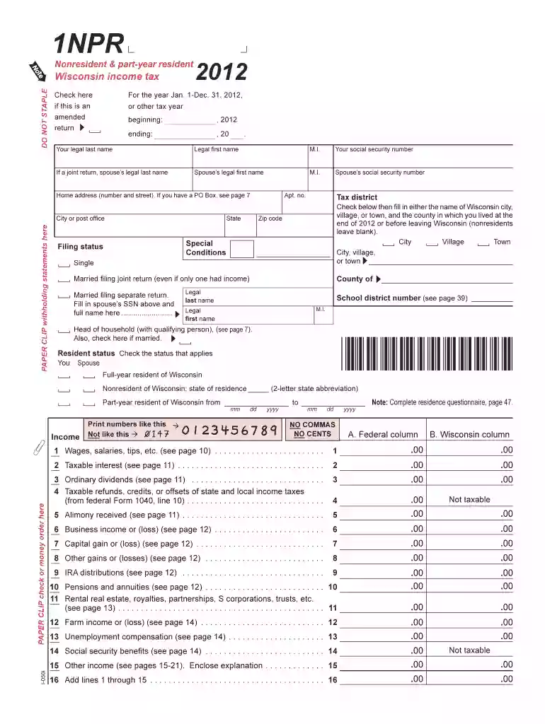 1npr wisconsin 2012 form Preview on Page 1