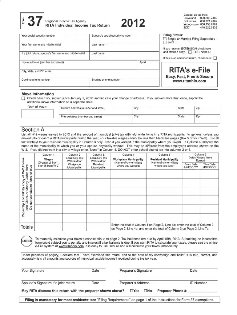 rita form 37 instructions Preview on Page 1