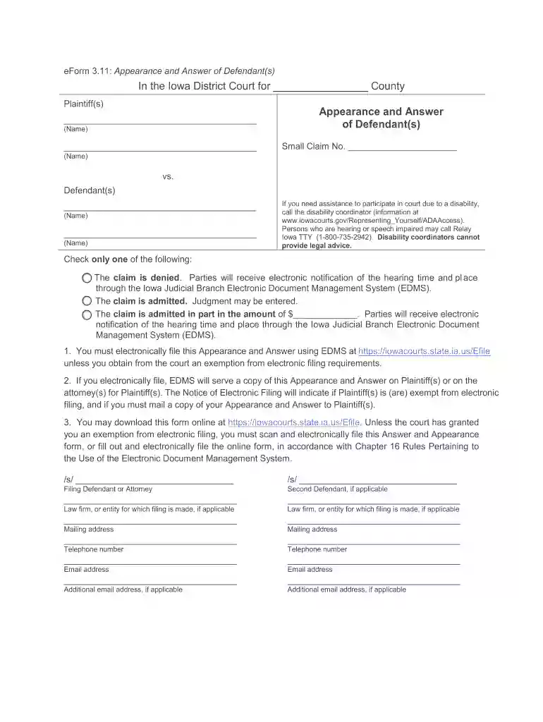 appearance and answer form iowa Preview on Page 1