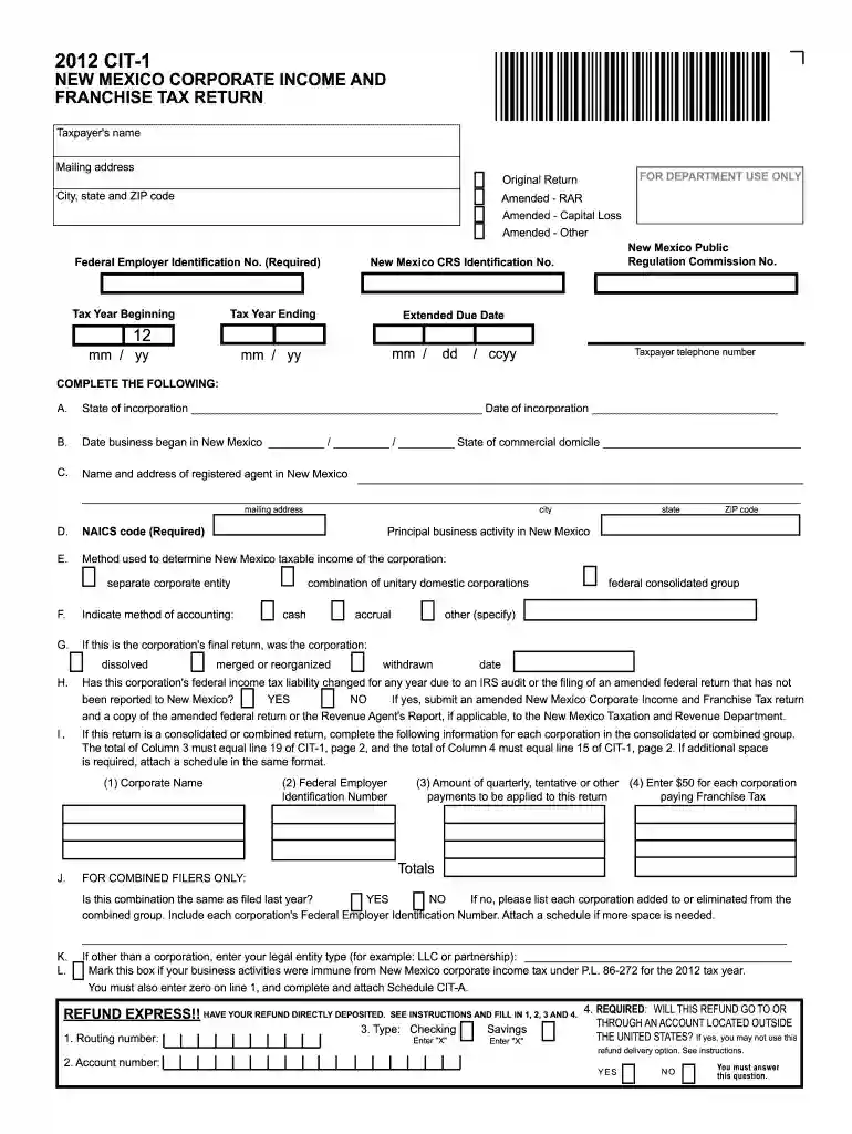 2012 new mexico cit 1 form Preview on Page 1