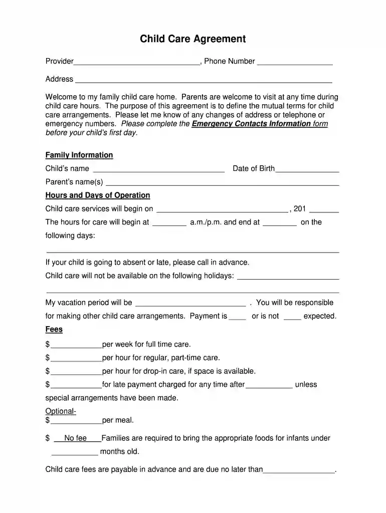 free home daycare contract template Preview on Page 1