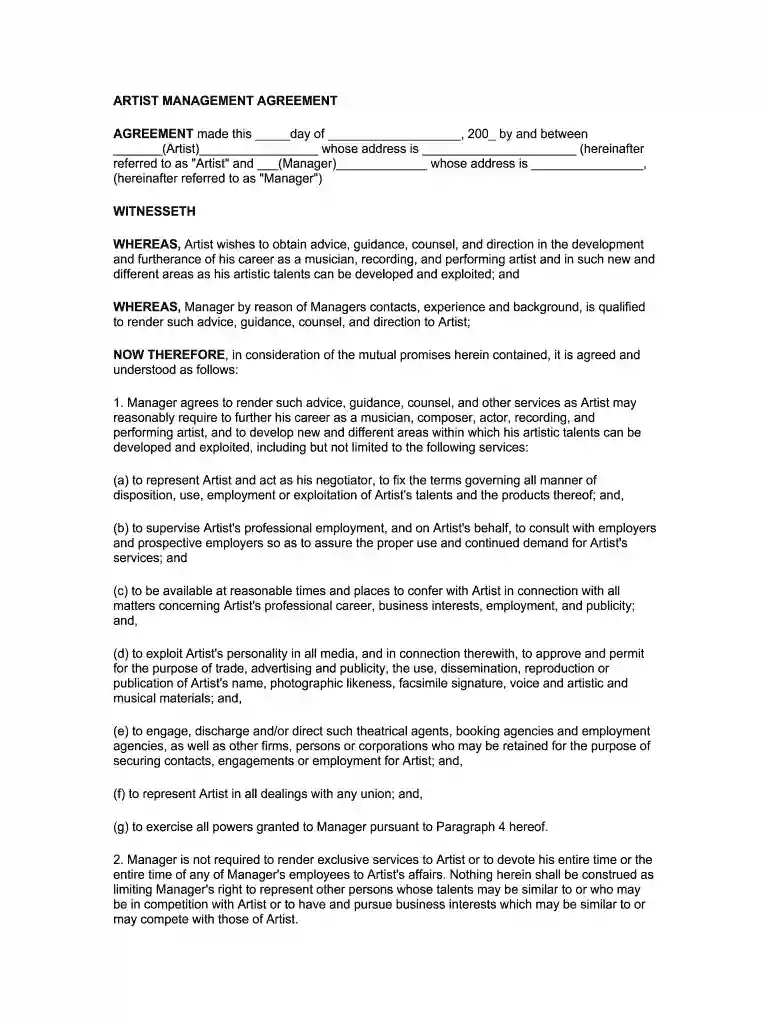 artist management contract pdf Preview on Page 1