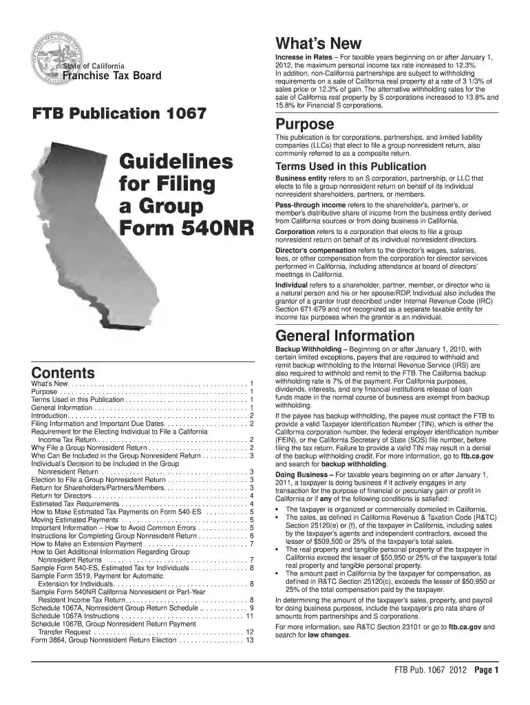 2012 Publication 1067 -- Guidelines for Filing a Group Form 540NR Preview on Page 1