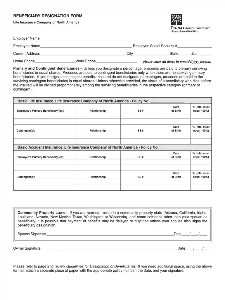 cigna beneficiary designation form Preview on Page 1