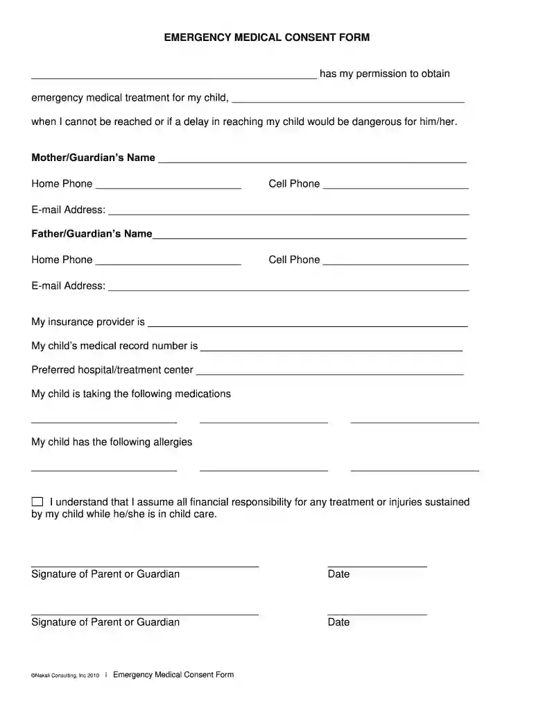printable medical consent form for minor while parents are away Preview on Page 1