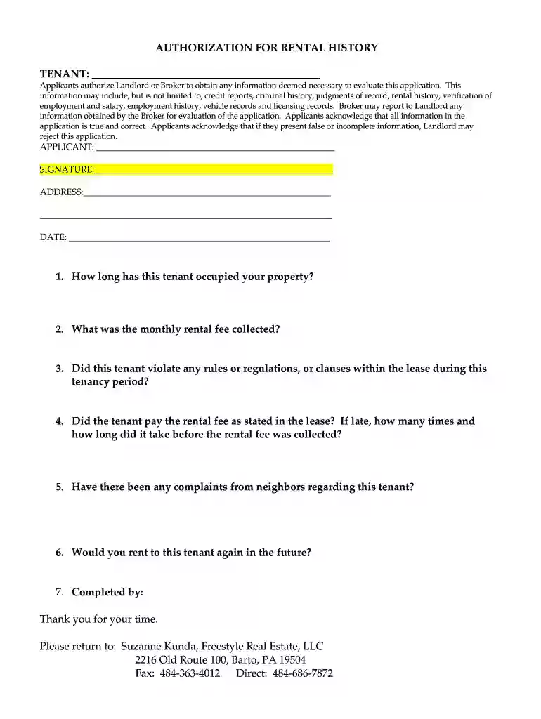 rental history form template Preview on Page 1