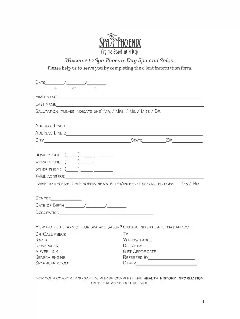 spa intake form Preview on Page 1