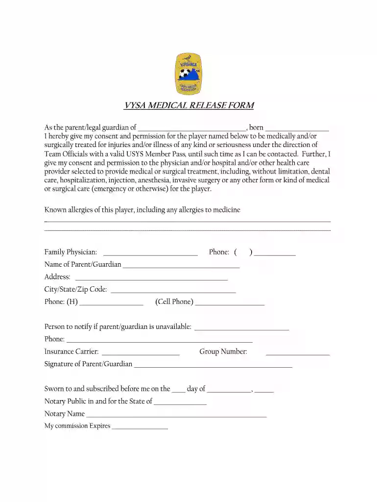 vysa medical release form Preview on Page 1