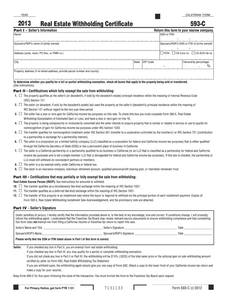 2013 Form 593-C -- Real Estate Withholding Certificate - ftb.ca.gov Preview on Page 1