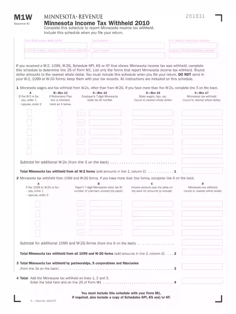 mn revenue fill in form m 1w 2010 Preview on Page 1