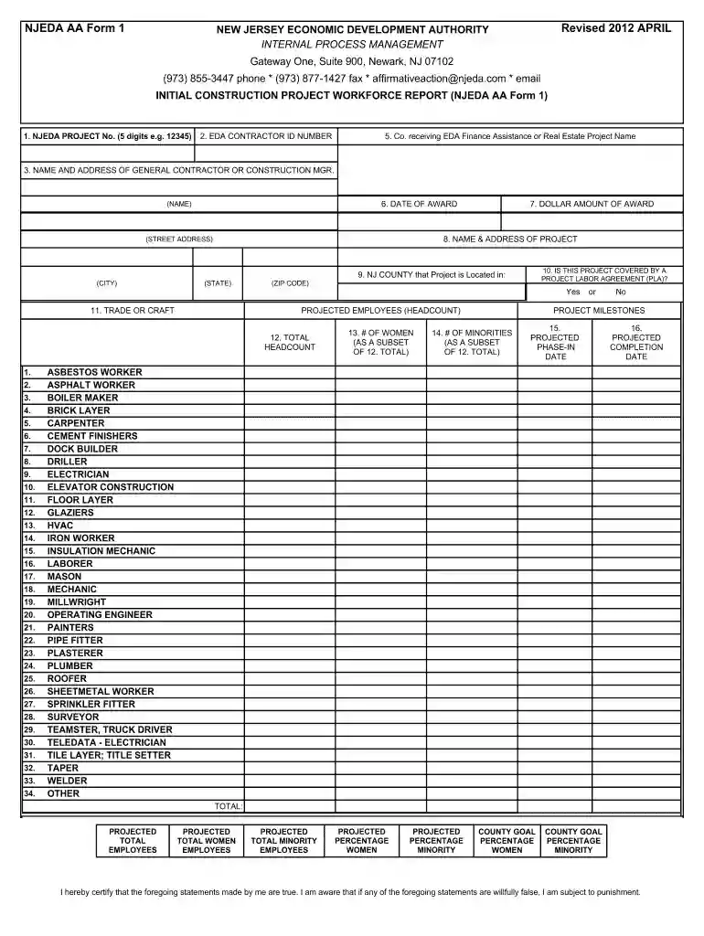 NJEDA AA Form 1 Initial Construction Project Workforce Preview on Page 1