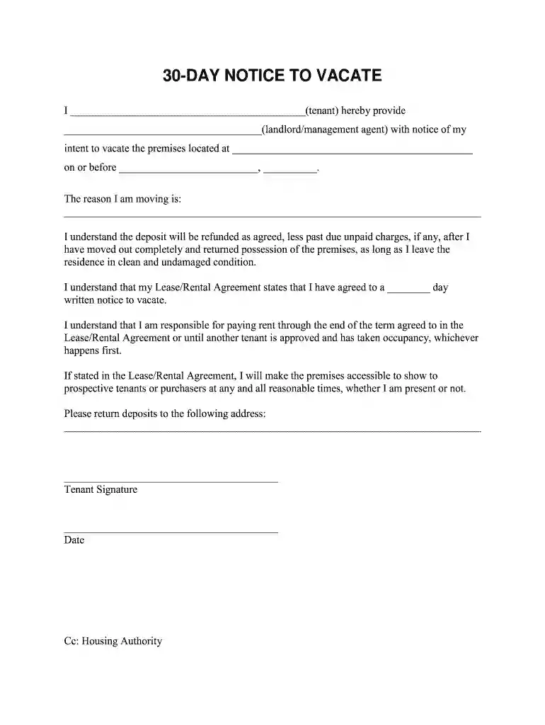 30 day notice to vacate california template Preview on Page 1