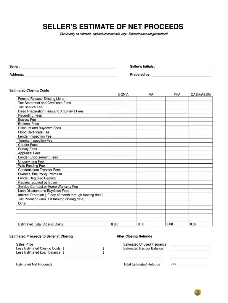 seller net sheet pdf Preview on Page 1