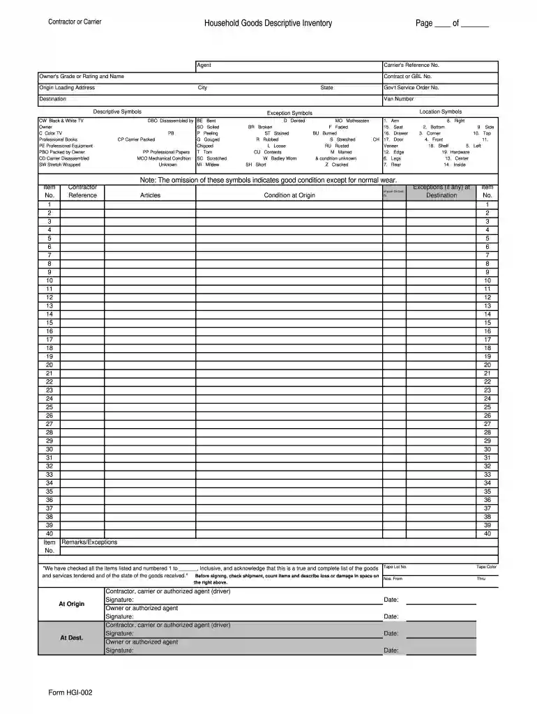 household goods inventory list Preview on Page 1