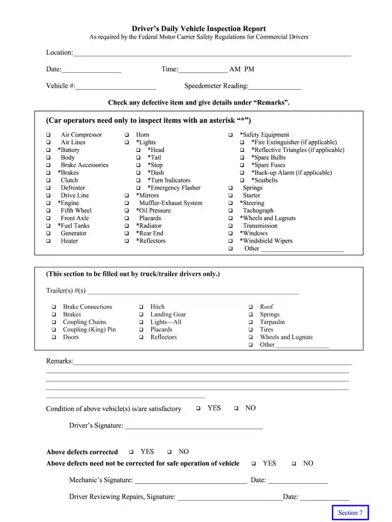 free printable dot pre trip inspection form pdf Preview on Page 1