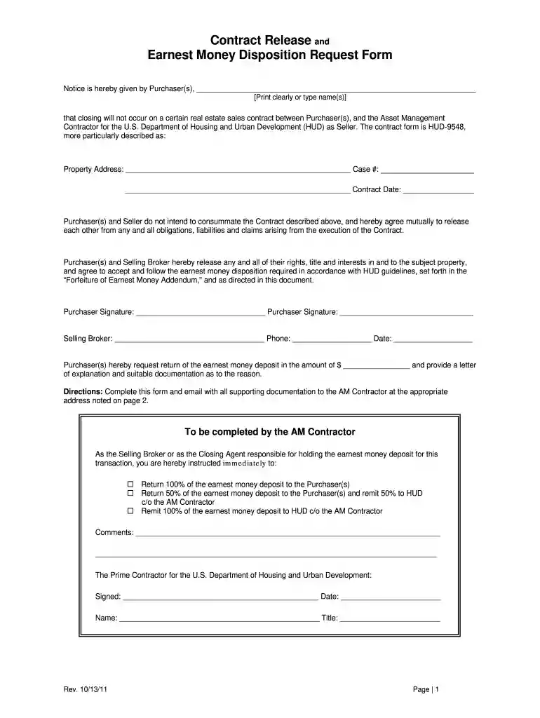 application for release of earnest money Preview on Page 1