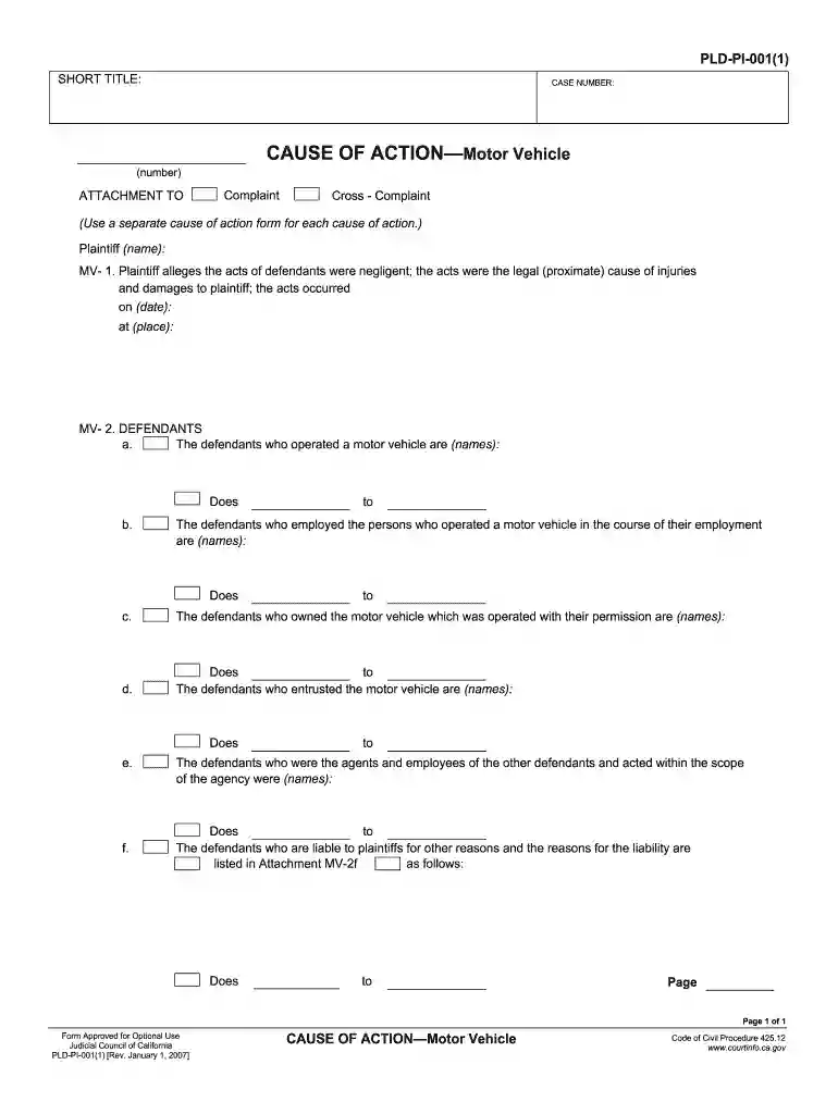 cause of action form california Preview on Page 1