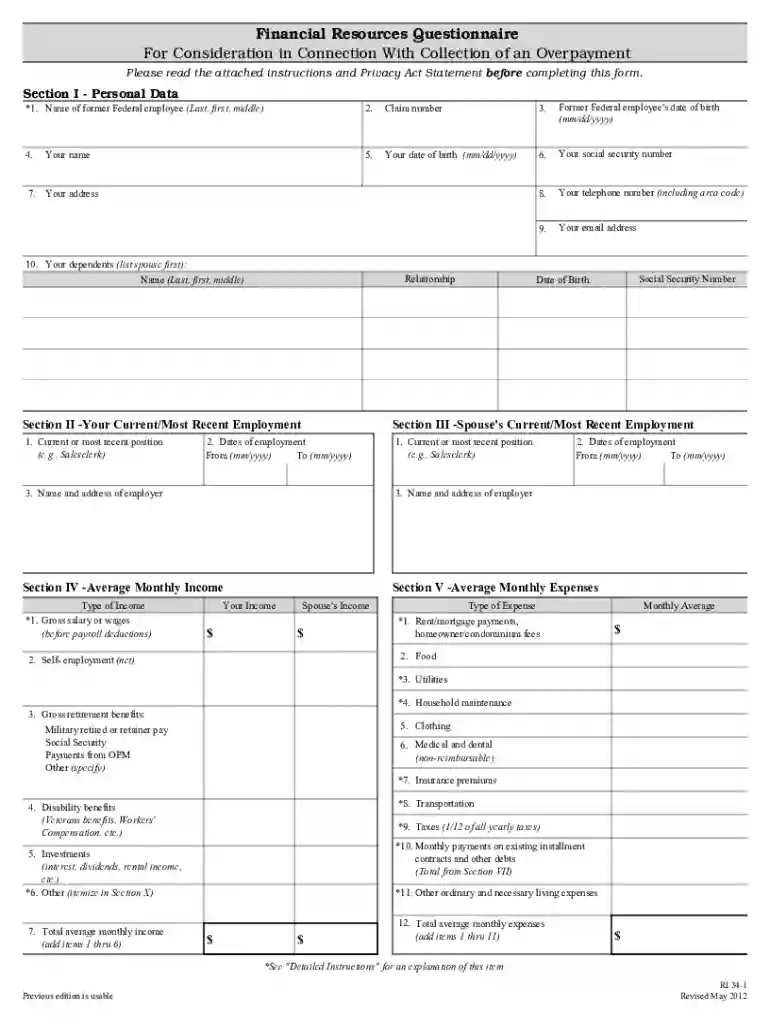 financial resource questionnaire Preview on Page 1