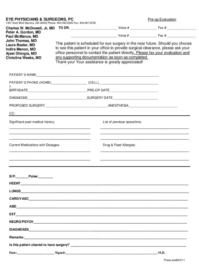 printable pre op clearance form Preview on Page 1