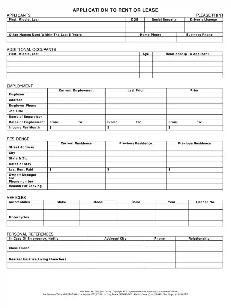 aoa rental application Preview on Page 1