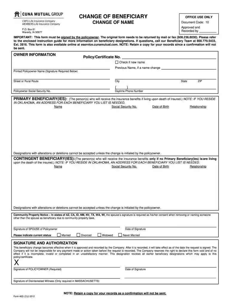 cuna mutual group beneficiary change Preview on Page 1