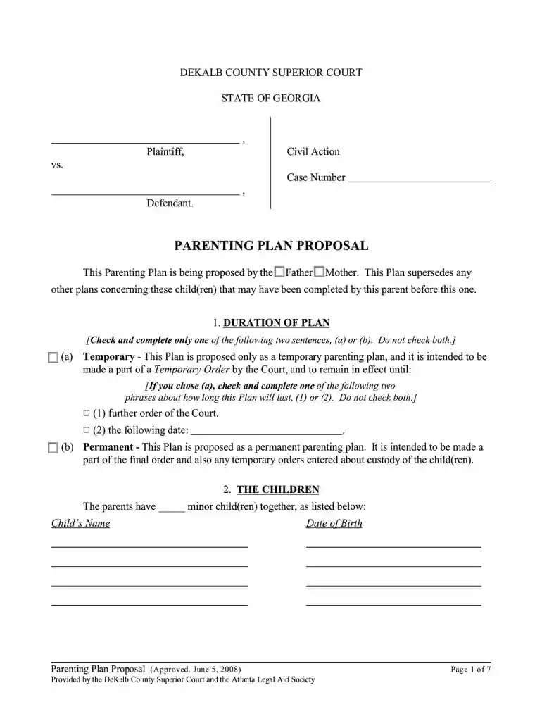 parenting plan template georgia Preview on Page 1