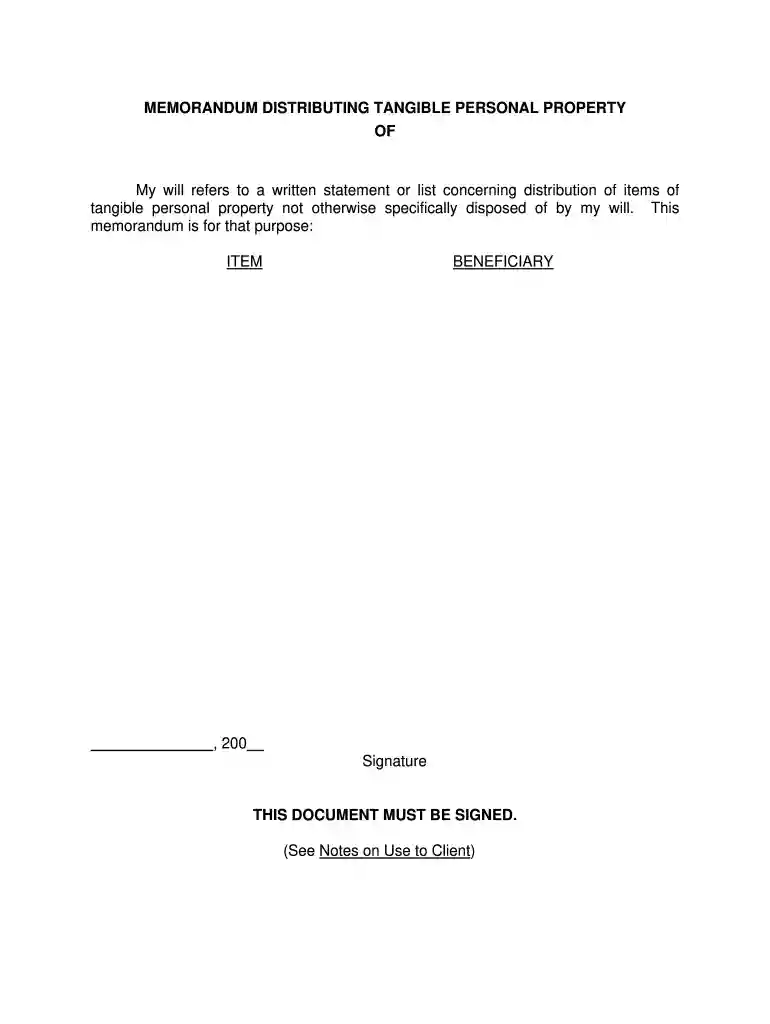 personal property memorandum template Preview on Page 1