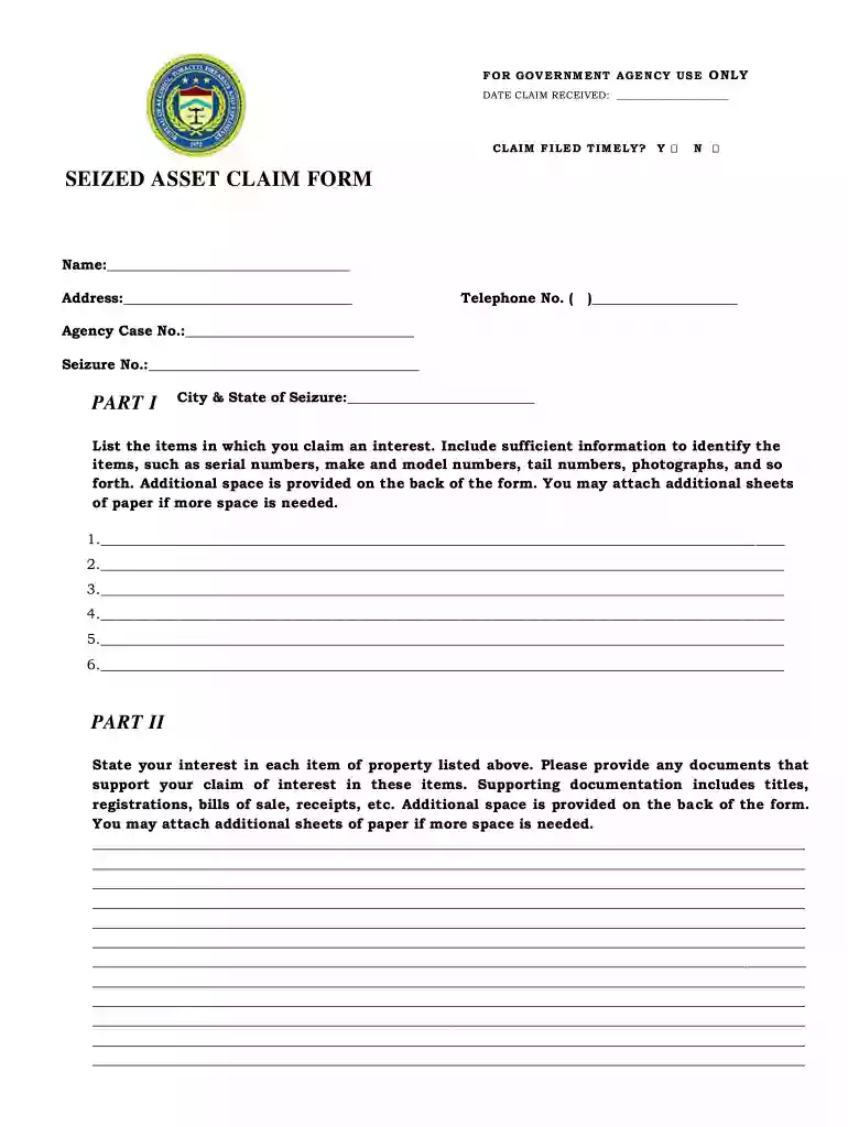 seized asset claim form Preview on Page 1