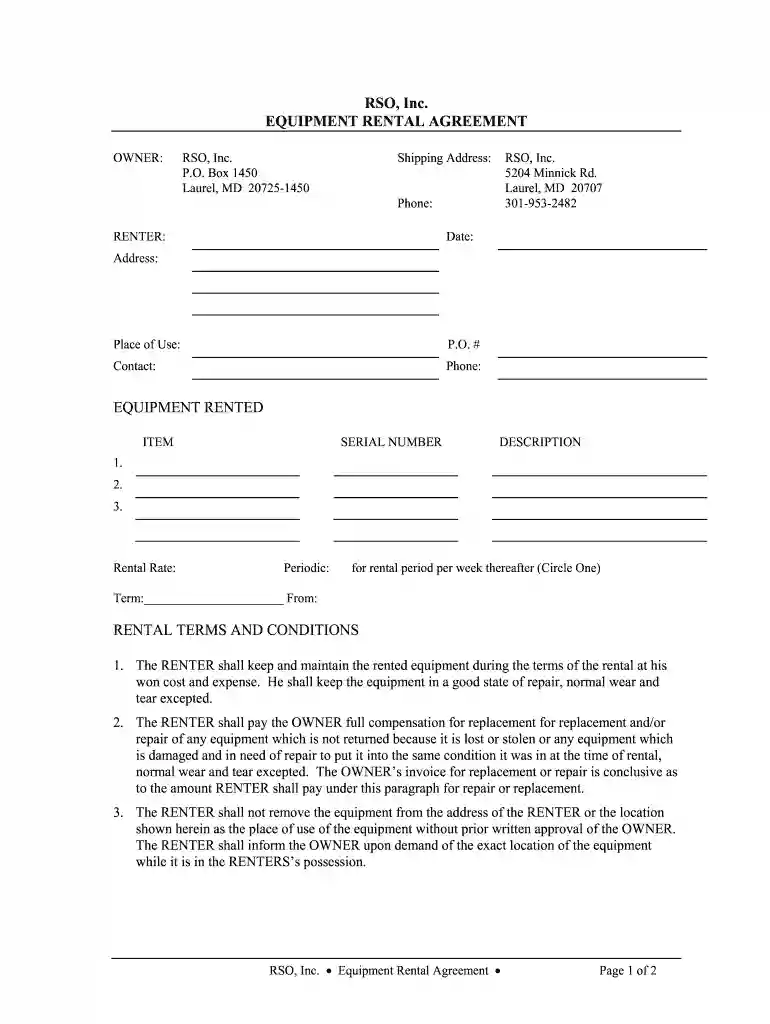 simple equipment rental agreement template word Preview on Page 1