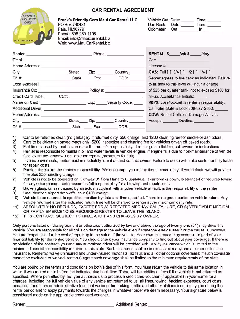 car rental agreement sample Preview on Page 1