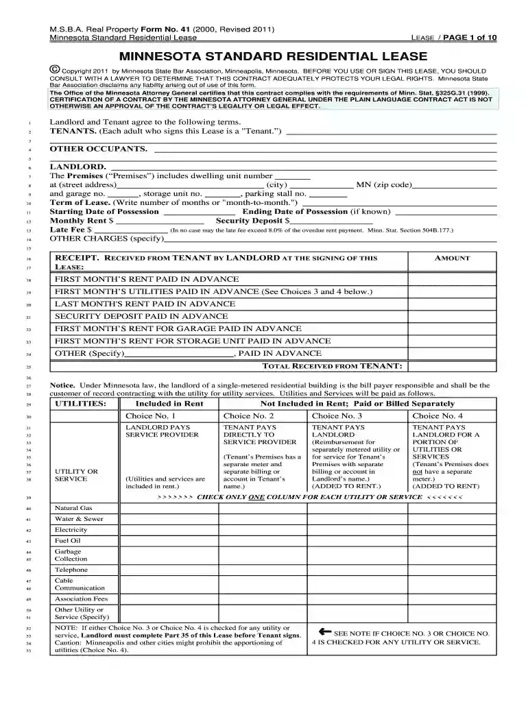 minnesota standard residential lease form no 41 Preview on Page 1