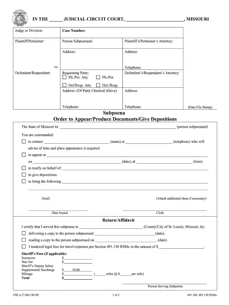 missouri subpoena form Preview on Page 1
