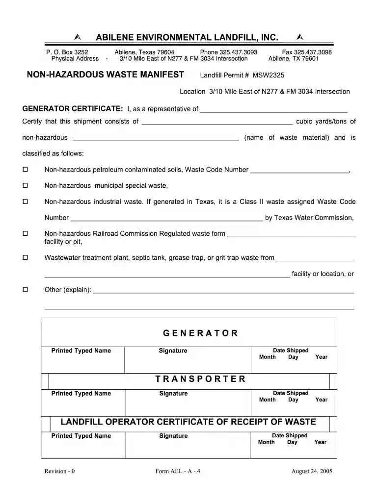 non hazardous waste manifest form Preview on Page 1