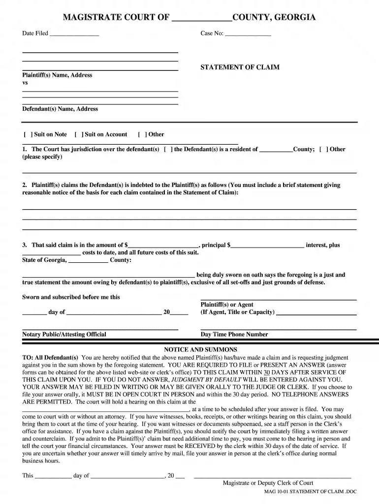statement of claim form georgia Preview on Page 1
