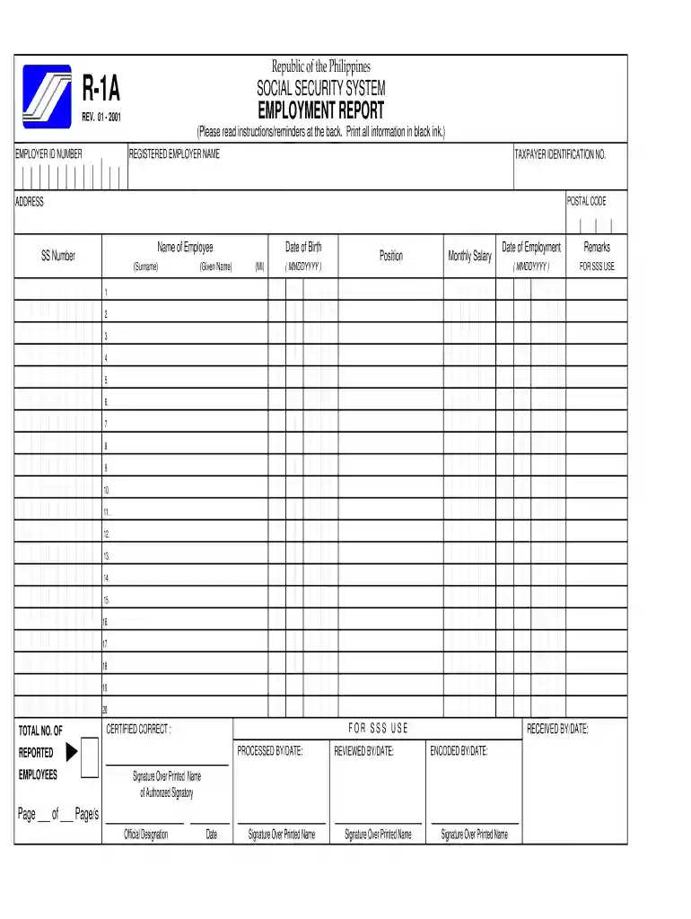 sss r1a fillable form excel format Preview on Page 1