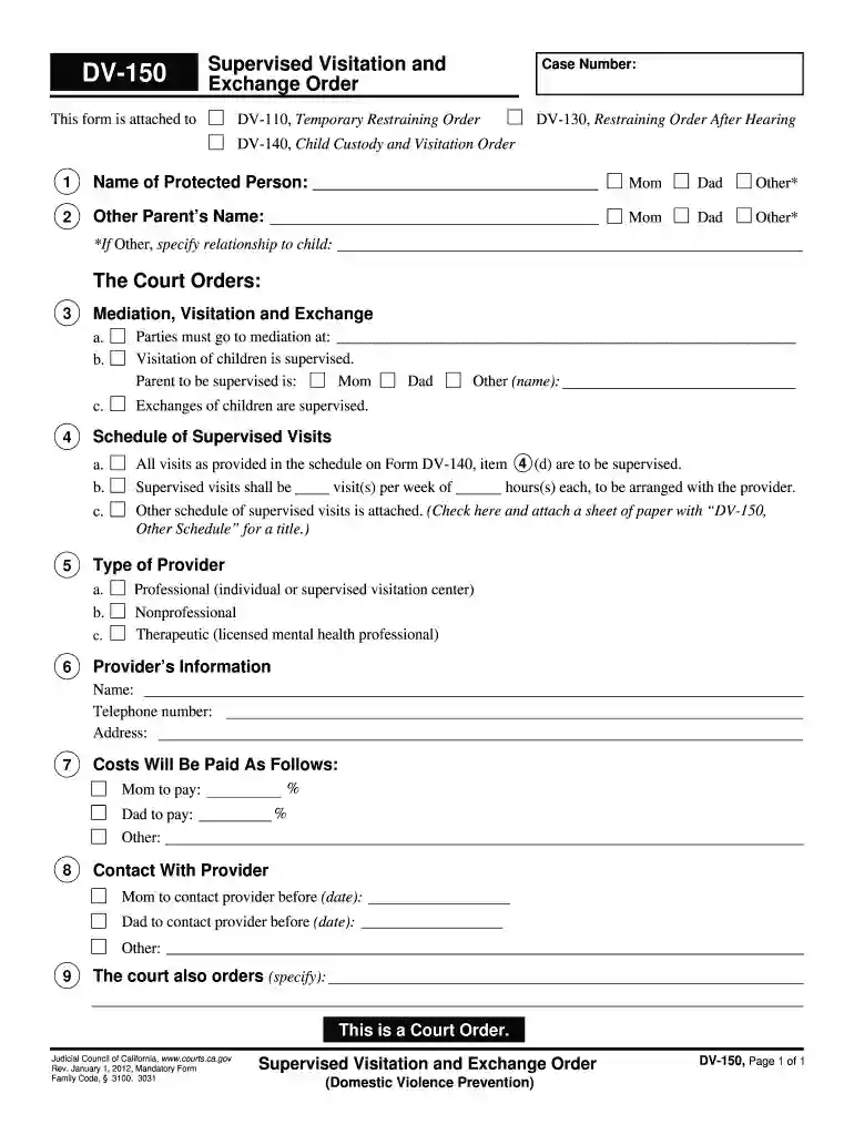 DV-150 Supervised Visitation and Exchange Order - California Courts - courts ca Preview on Page 1