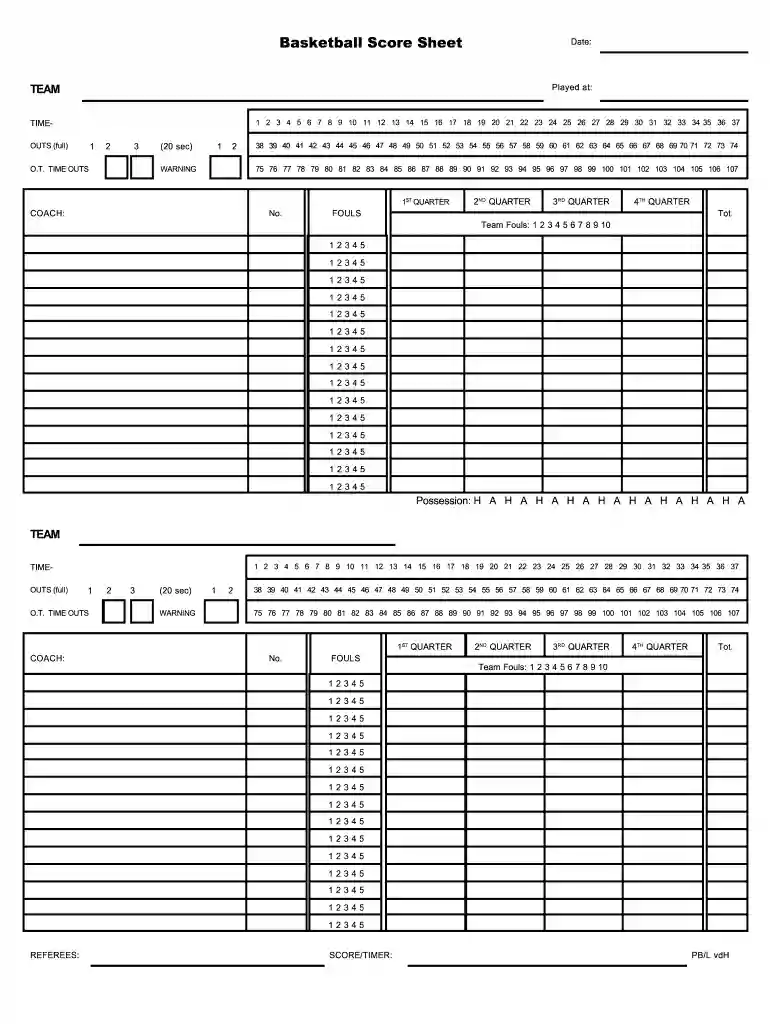 free printable basketball score sheet form Preview on Page 1