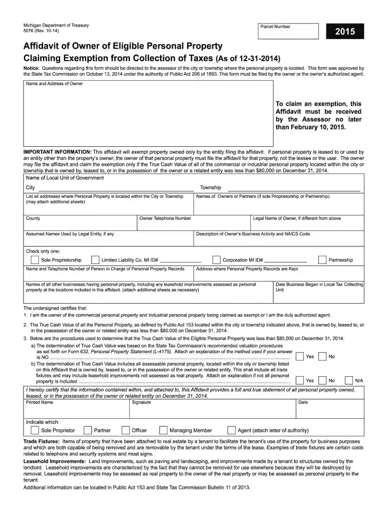 Form 5076, Affidavit of Owner of Eligible Personal Property Claiming - michigan Preview on Page 1