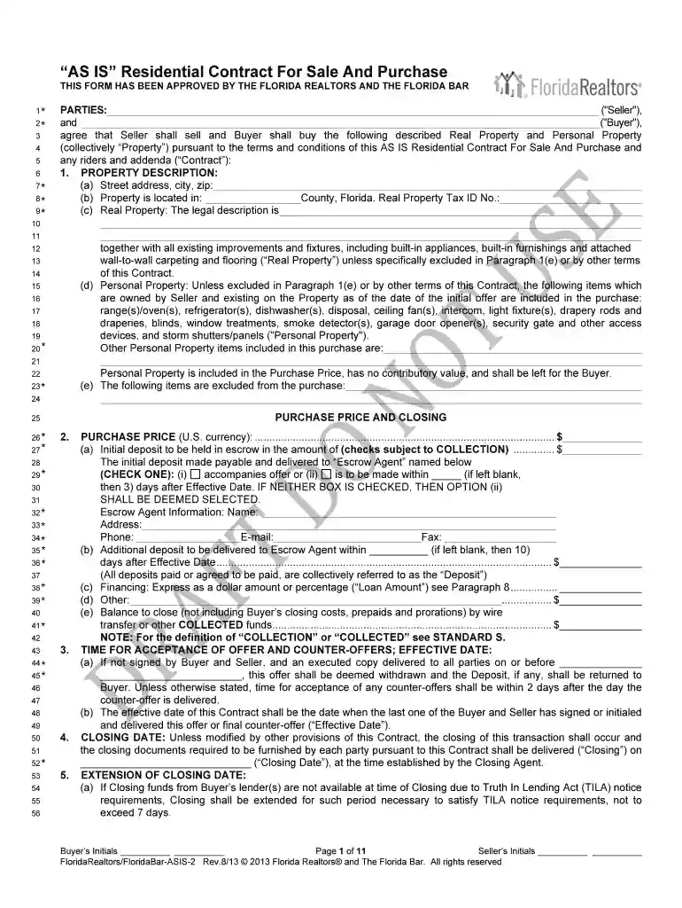 fl as is residential sale contract in word form Preview on Page 1