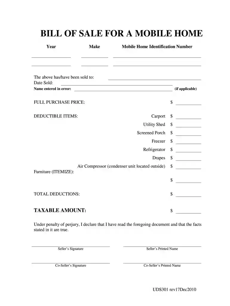 mobile home bill of sale without notary Preview on Page 1